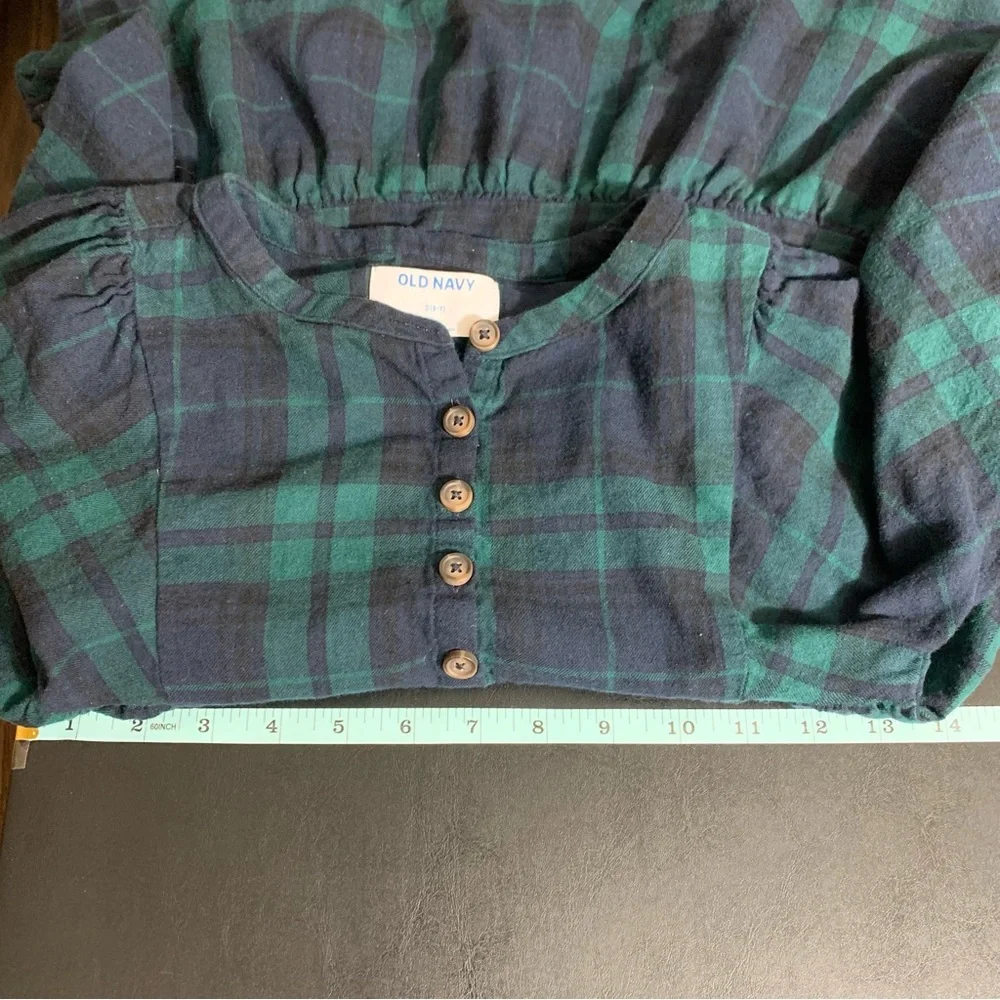 Old Navy Kids Dress Blue Green‎ Black Watch Plaid Flannel Tiered S 6-7